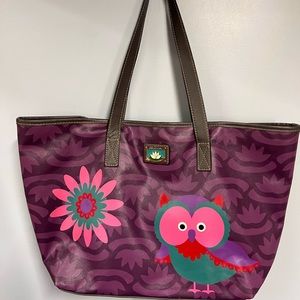 Lily Bloom Owl Tote Purple And Pink With Gray Faux Leather Handles Blue Interior